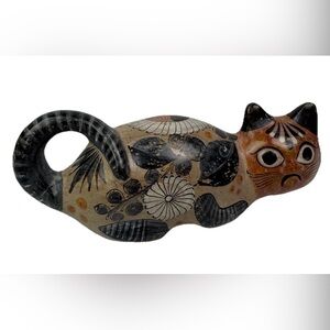 Vintage Tonala Mexican Pottery Cat Signed Mexico 8” Long Folk Art Handpainted